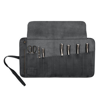 Personalised Black Leather Knife Roll With Zip Pocket, 7 of 10