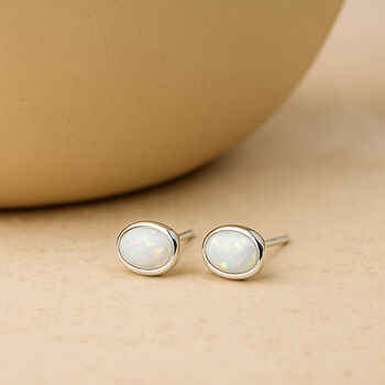 Sterling Silver White Opal Oval Stud Earrings, 2 of 10