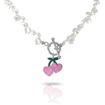 Pearl Gemstone Cherry Heart Tbar Necklace, 2 of 2
