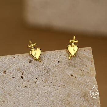 Sterling Silver Dagger Heart Stud Earrings, 7 of 12