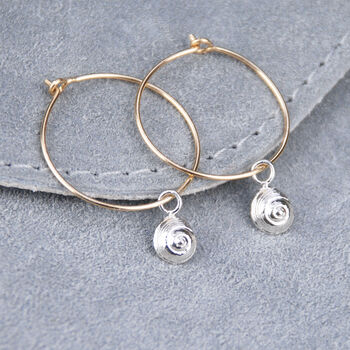 Sterling Silver And Gold Hoop Earrings With Shell Charm, 3 of 10