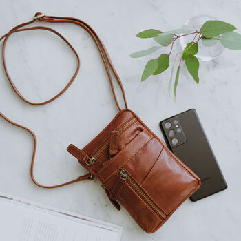 Leather Crossbody Smartphone Bag, Tan, 2 of 5