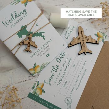 Lemon Floral Passport Invitation With Plane Charms For Destination Wedding, 9 of 9