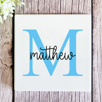 Personalised Blue Porcelain Coaster With Initials Name Gift, 2 of 3