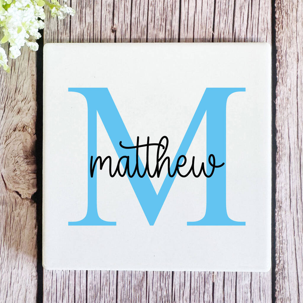 Personalised Blue Porcelain Coaster With Initials Name Gift, 1 of 2