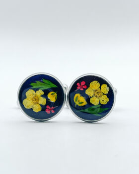 Cufflinks Real Yellow Flowers Leaves Hand Made Stainless Steel 12mm, 3 of 10