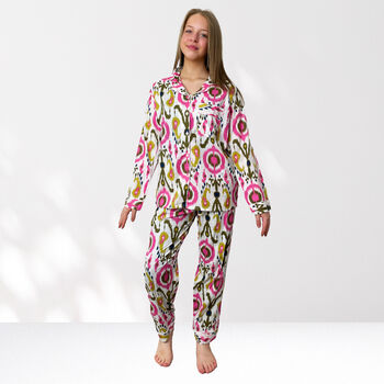 Ikat Print 100% Cotton Ladies Pyjamas In White And Pink, 9 of 9