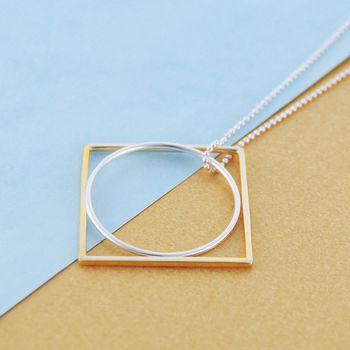 Circle And Square Long Silver And Gold Plated Necklace, 2 of 4