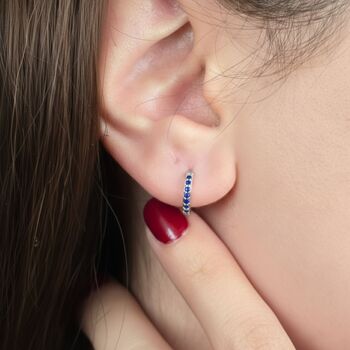 Sapphire September Birthstone Huggie Silver Earrings, 2 of 5