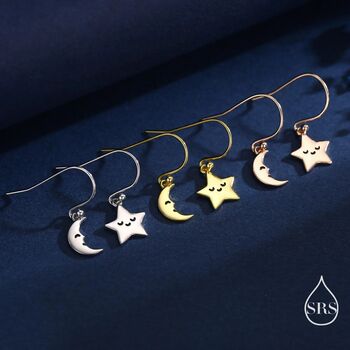 Extra Tiny Kawaii Star And Moon Dangle Drop Hook Earrings In Sterling Silver, 6 of 12