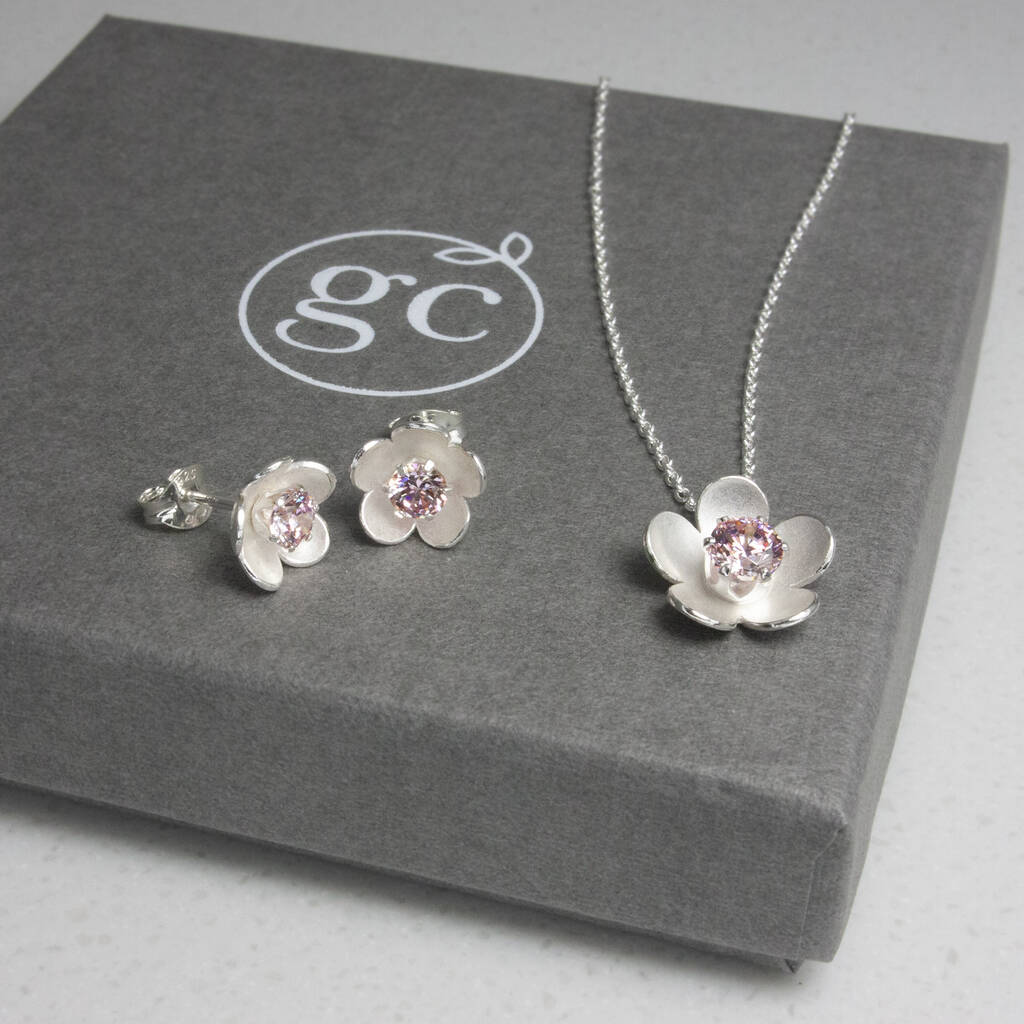 Silver Birthstone Necklace And Stud Earrings Set, 1 of 8
