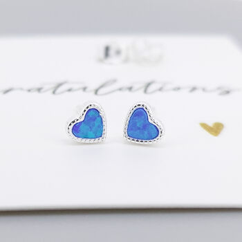 Mini Sterling Silver Blue Opal Heart Stud Earrings, 5 of 9