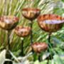 Set Of Five Copper Rain Catchers | Crinkle Cut Garden Sculptures With Curvy Iron Stakes | Handmade Outdoor Water Features, thumbnail 5 of 7