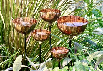 Set Of Five Copper Rain Catchers | Crinkle Cut Garden Sculptures With Curvy Iron Stakes | Handmade Outdoor Water Features, 5 of 7