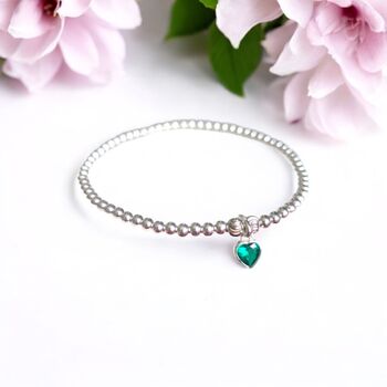May Heart Birthstone Beaded Stretch Sterling Silver Bracelet, 2 of 9