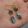 Labradorite Earrings: Gold Plated Silver, Dangle Drop, thumbnail 2 of 5