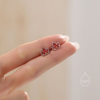 Enamel Maple Leaf Stud Earrings In Sterling Silver, 4 of 11