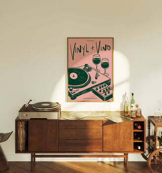 Vinyl And Vino Print | Music Poster | Home Decor | Wine | Illustration | Record | Bar | Trendy | Retro | Kitchen Dining Room | Mid Century, 9 of 9