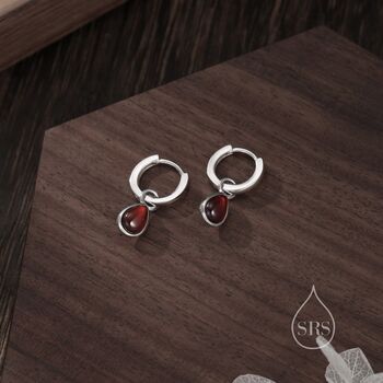 Sterling Silver Genuine Garnet Droplet Hoop Earrings, 6 of 10
