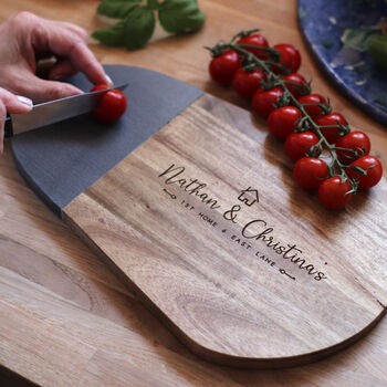 Personalised First Home Wood And Slate Chopping Board, 2 of 5