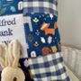 Gingham Woodland Name And Date Cushion, thumbnail 3 of 5