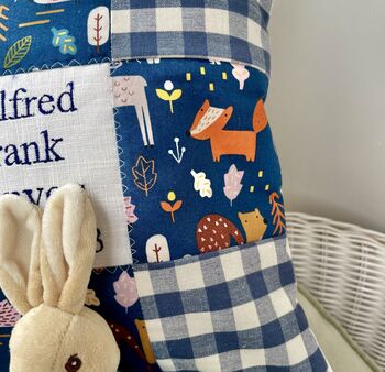 Gingham Woodland Name And Date Cushion, 3 of 5