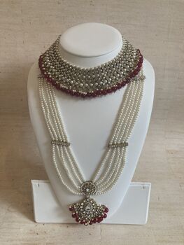 Indian Kundan Silver Maroon Pearl Mala Set, 4 of 9