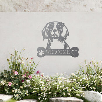 Personalised King Charles Spaniel Welcome Metal Wall Art Sign For Home And Garden Gift, 6 of 11