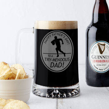 A Try Mendous Dad! Father's Day Rugby Pun Beer Tankard, 2 of 5