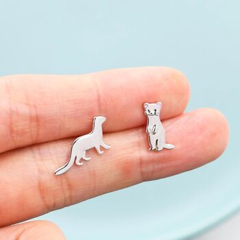 Mismatched Sterling Silver Cute Weasel Stud Earrings, Asymmetric Ferret Earrings, 5 of 11