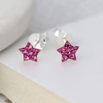 Sterling Silver Twinkling Pink Cz Star Stud Earrings, 2 of 8
