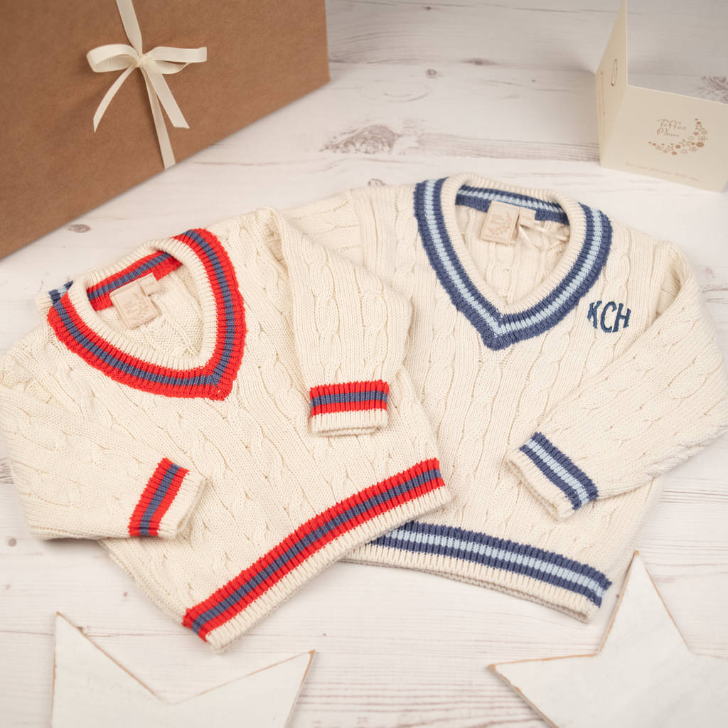 personalised baby boy cricket jumper by toffee moon