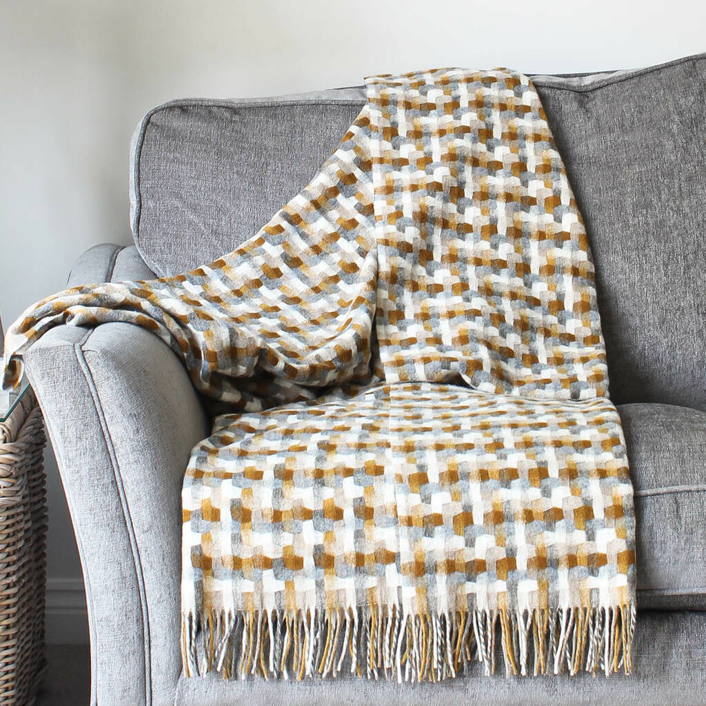 Mustard And Grey Woven Lambswool Throw By Marquis & Dawe