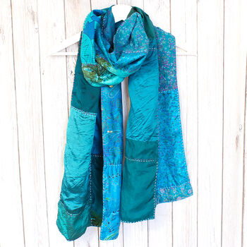 Teal Blue Kantha Stitch Handmade Silk Scarf, 4 of 5
