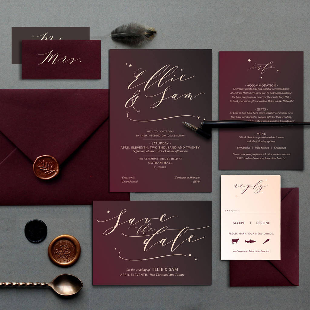 Red Skies Burgundy Ombre Wedding Invite Collection By
