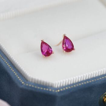 Sterling Silver Ruby Pink Droplet Stud Earrings, 6 of 12