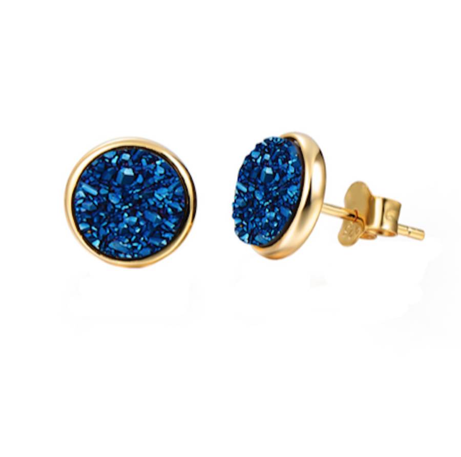 Round 18k Gold Plated Blue Druzy Stud Earrings By H.AZEEM London