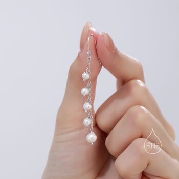 Sterling Silver Natural Freshwater Pearl Cluster Drop Dangle Earrings, 2 of 11