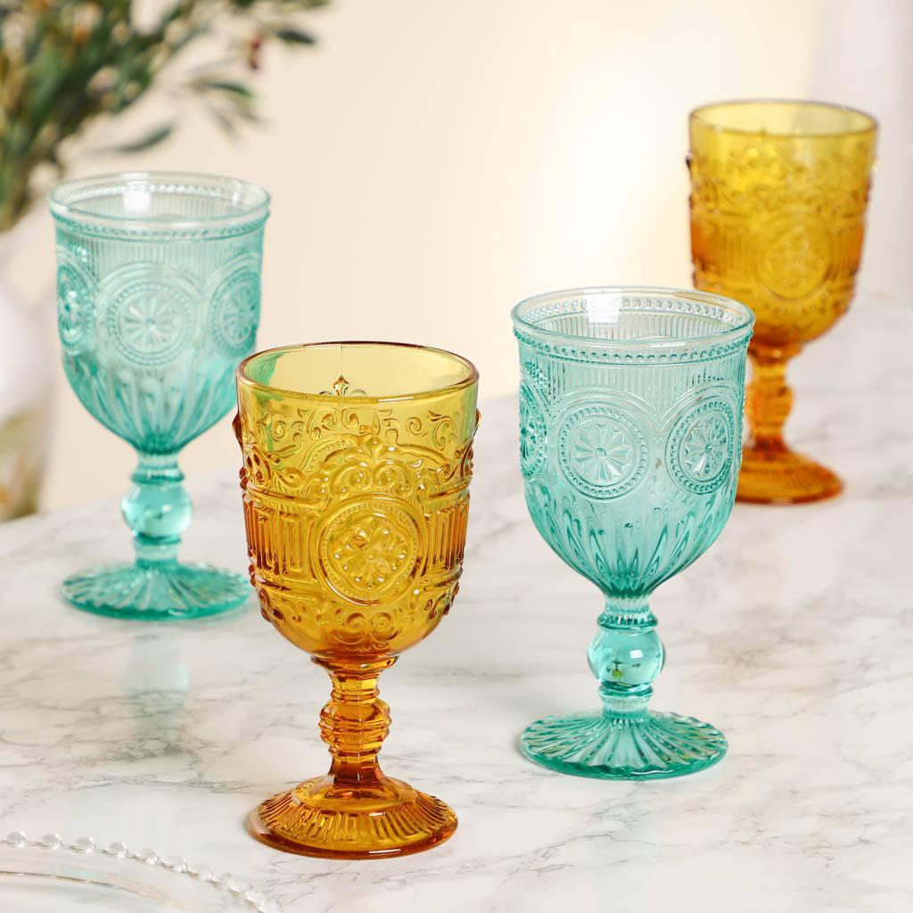 Set Of Four Embossed Coloured Wine Goblets By Dibor