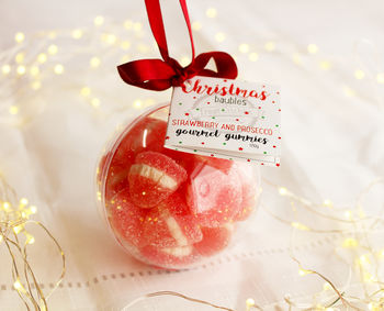 Strawberry And Prosecco Gummies Christmas Bauble, 2 of 3