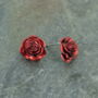 Rose Red Silver Tone Stud Earrings, thumbnail 2 of 4
