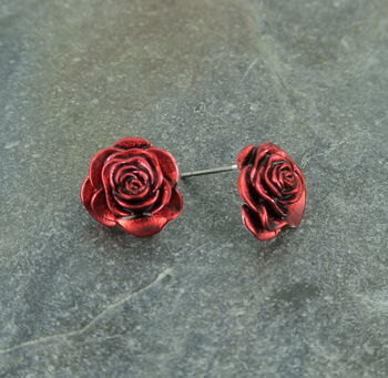 Rose Red Silver Tone Stud Earrings, 2 of 4