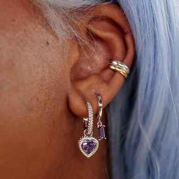 Violet Heart Twist Charm Hoop Earrings, 7 of 8