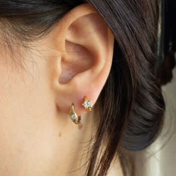 18ct Gold Plated Cz Star Bezel Huggie Hoop Earrings, 4 of 6