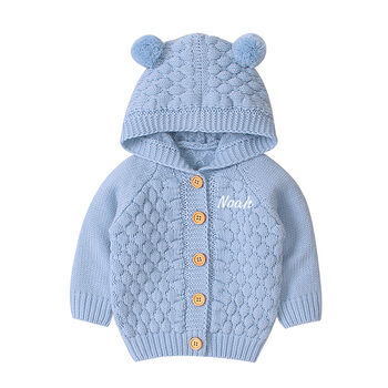 Personalised Blue Knitted Bobble Hooded Cardigan, 3 of 9
