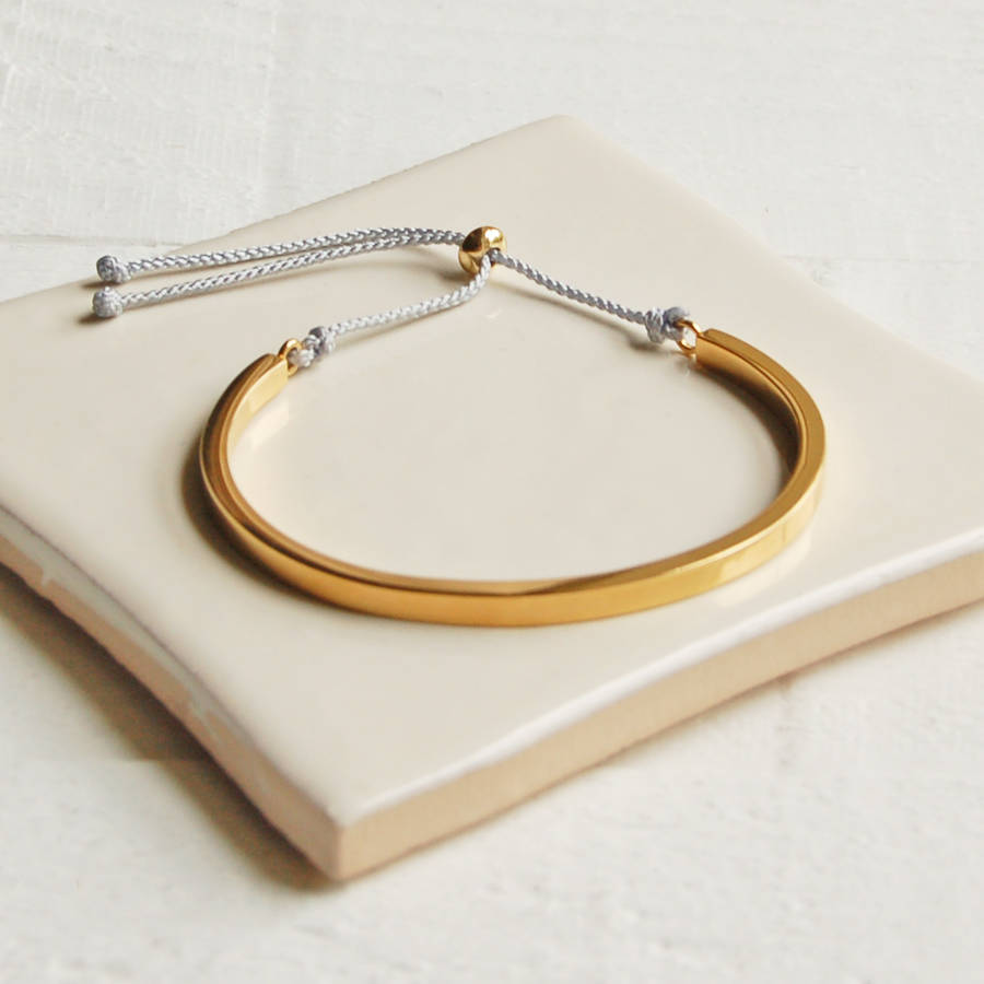 Gold Cuff Bangle With Grey Cord By Highland Angel