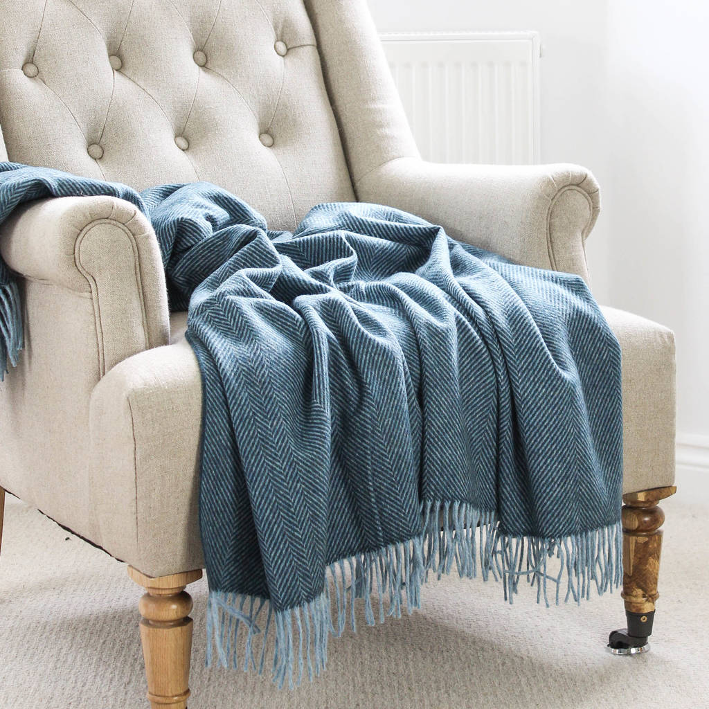 teal blue herringbone wool throw by marquis & dawe