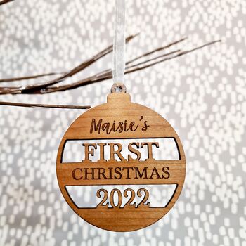 Personalised Wooden First Christmas, Keepsake Bauble, 3 of 7