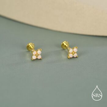 Sterling Silver Opal Clover Cluster 16 G Internally Threaded Flat Back Earrings, 2 of 11