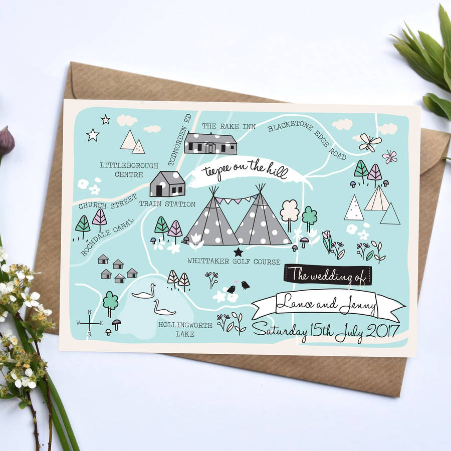 Original Illustrated Map Wedding Invitation 